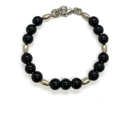 Pulsera Bolitas Obsidianas Mosquetón Plata 925 19 Cm 