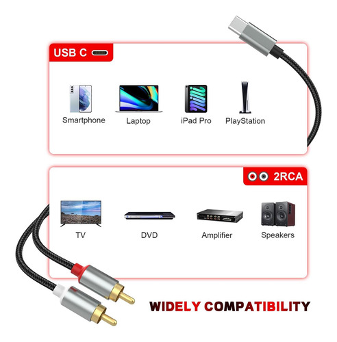 Cable De Audio Rca Usb C A 2 Rca, Type C A Dual Rca Stereo