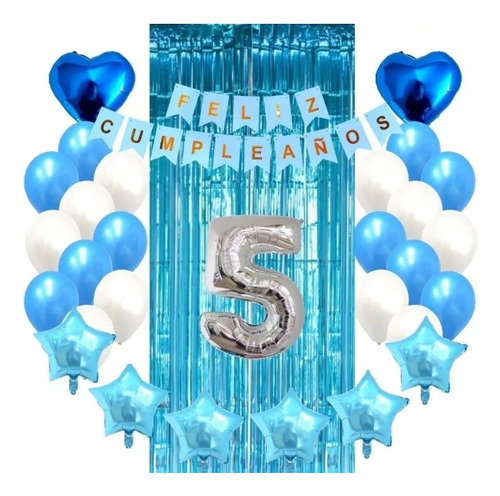 Kit Decoración Feliz Cumpleaño Bombas Azul+numero+cortina