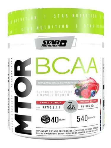 Suplemento en polvo Star Nutrition MTOR BCAA aminoácidos sabor Fruit Punch en pote de 540 gr