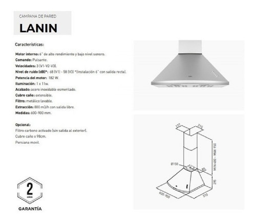 Imagen 4 de 9 de Campanas Extractoras Tst Lanin 60cm Acero Inox Purificador