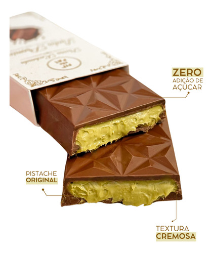 Barra Chocolate Recheada Pistache - Zero Adição Açúcar 200g