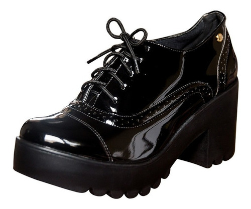 Sapato Feminino Oxford Salto Tratorado Preto Verniz Ref735 | Parcelamento  sem juros