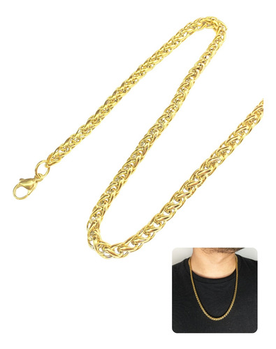 Corrente Masculino 60cm Grossa 5mm Trançada Aço Inox Dourado