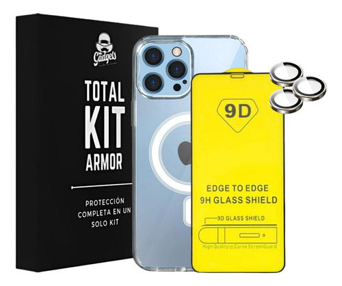 Mr. Gadgets Kit 3 En 1 Funda Transparante + Mica Pantalla + Micas Aros Protectores De Cámara Compatible Con Magsafe Para iPhone 13 Pro Aros Color Titanio