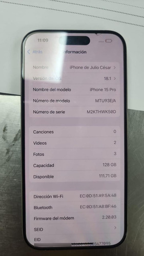 Apple Iphone 15 Pro (128 Gb) - Titanio Natural - Sim Movistar Gris (Usado)