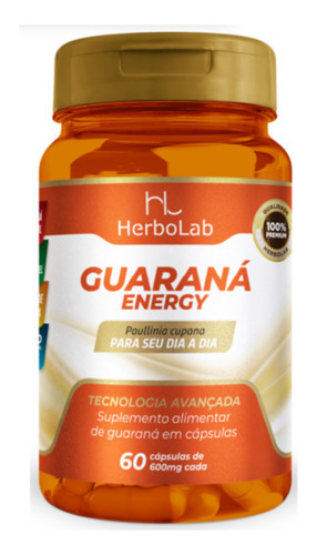 Guaraná Energy 60 Cápsulas 600mg Herbolab Sabor Sem sabor