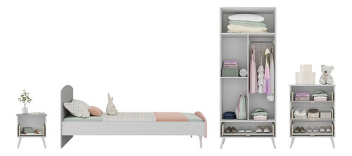 Quarto Infantil Completo para Colchão 188x78cm Doçura Multimóveis MP4329 Branco/cinza/rosa