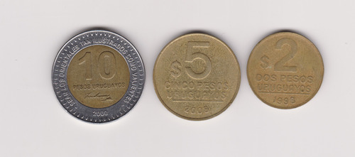Lote 3 Moneda Uruguay 2$/1998+5/2008+10$ Año 2000