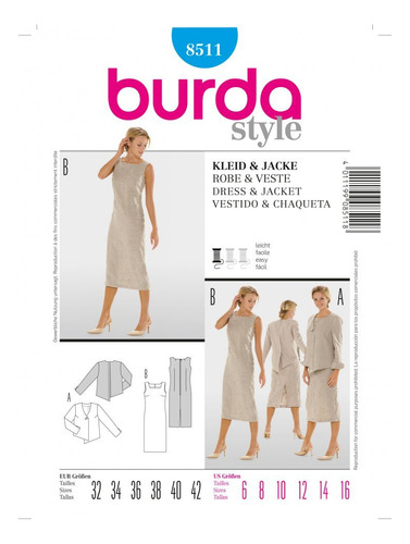 Patron Costura Burda 8511  Vestido Chamarra