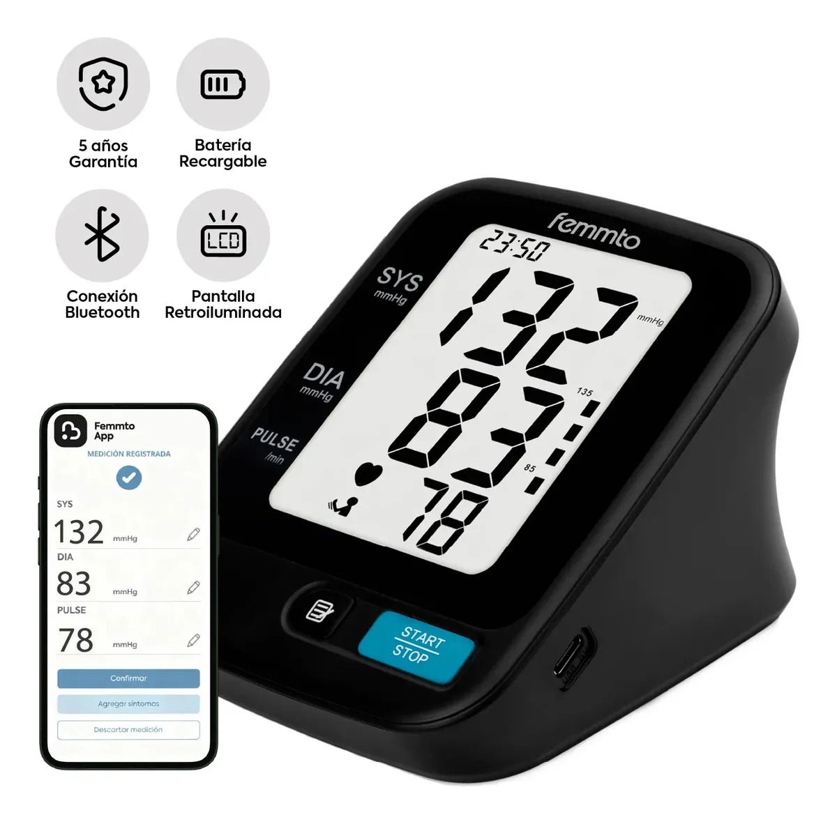 Tensiometro Digital Brazo Bluetooth Batería Usb Medidor Presion Arterial Enfermeria Automatico Femmto Negro