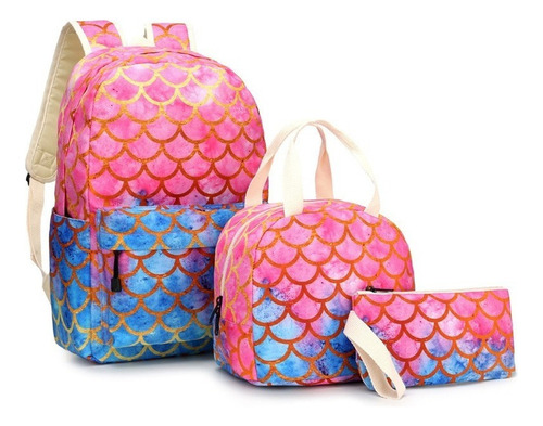 Pack De 3 Mochilas Con Diseño De Sirena Rosa, Lonchera, Estu