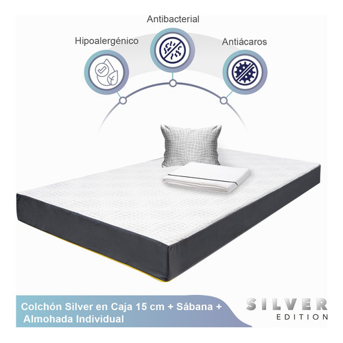 Colchón Individual En Caja 15 Cm + Juego Sábanas Y Almohada Blanco Con Gris