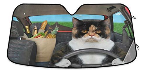 Cat Driving Car Windshield Sun Shade Fun Animal Cool Fo...