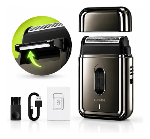 Barbeador Elétrico Portátil Profissional Enchen MS003 Preto, Aparador de Pelos 8000 RPM com Aparador Pop-up, Compacto, Lavável e USB-C, Lâmina Curva Ultrafina 0,058mm, Design Leve