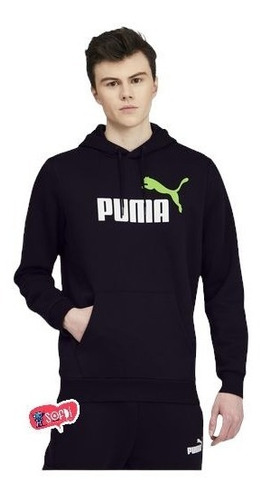 Puma - Sudadera Essentials Big Logo Hoodie Black-green Flash