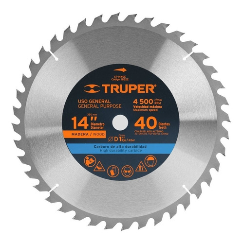 Disco Sierra 14' Para Madera, 40 Dientes Centro 1', Truper