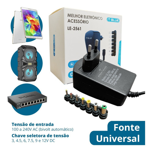 Fonte Universal Ac 3v 4.5v 6v 7.5v 9v 12v 3a Dc 3000mah Bv