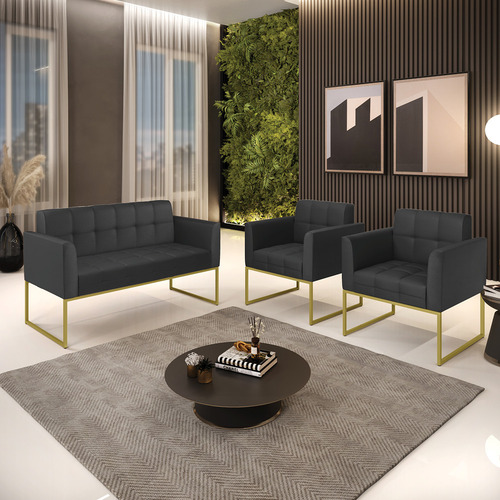 Kit Sofá E 2 Poltronas Elisa Corino Base Industrial Dourado Cor Preto