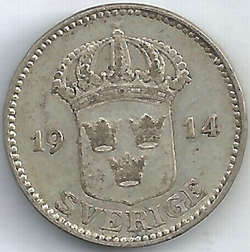 Suecia 1914 25 Ore Moneda Antigua De Plata L24520