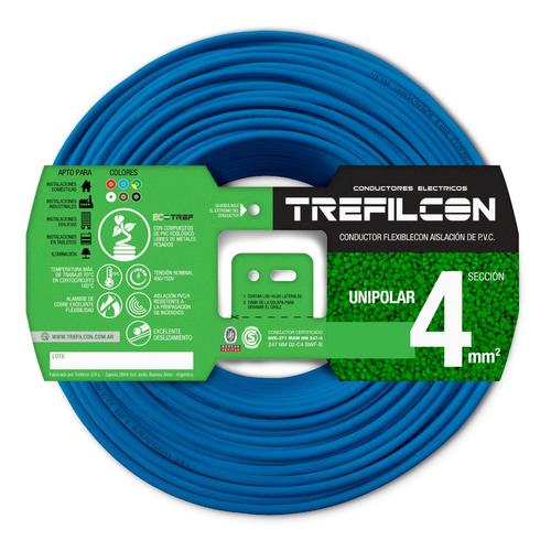 Cable Unipolar Norma Iram 4mm Trefilcon X 50mts 100% Cobre Color de la cubierta Celeste