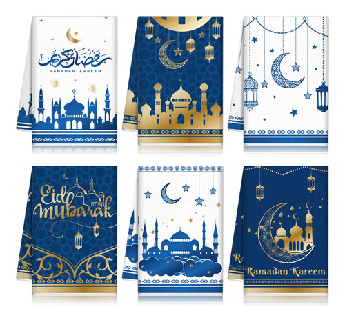 6 Toalla Cocina Ramadan Kareem Color Azul Dorado Blanco Eid