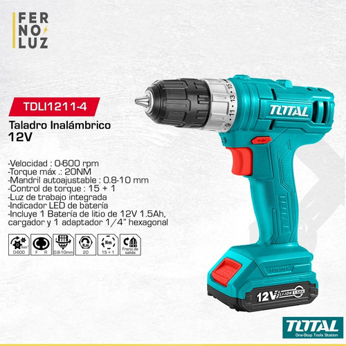 Taladro Atornillador Inalámbrico 12v Total 600 Rpm + Bateri Color Turquesa Frecuencia 50 Hz/60 Hz