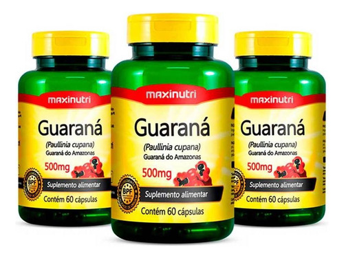Kit 03 Guaraná 500mg Com 60 Capsulas Maxinutri Sabor Sem Sabor