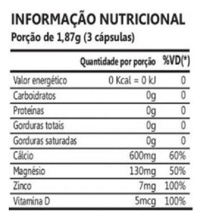 Cálcio, Magnésio E Zinco Com Vitamina D (60 Caps) Sem Sabor