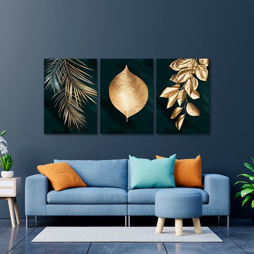 Imagem 3 de 7 de Quadros Decorativos Folhagem Dourado Gold Ouro Sala Luxo