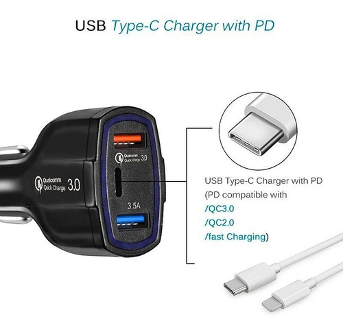 Imagen 2 de 6 de Cargador Rápido Auto Doble Usb Y Tipo C Qc3.0 Qualcomm