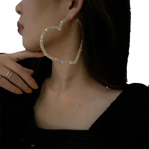 Aros Corazón Gigante Brillos Dorado Mujer Cute Colgante