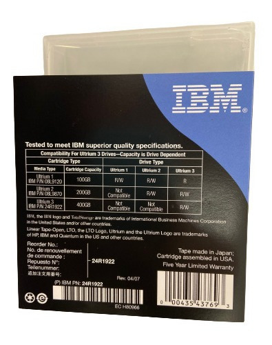 Cinta IBM IBM Lto3 24r1922 nativa de 400 GB/800 GB comprimida