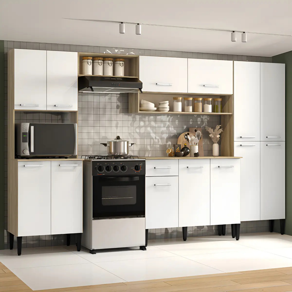 Cozinha Completa Arizona Plus Com Armário E Balcão Carraro Cor Carvalho/Branco