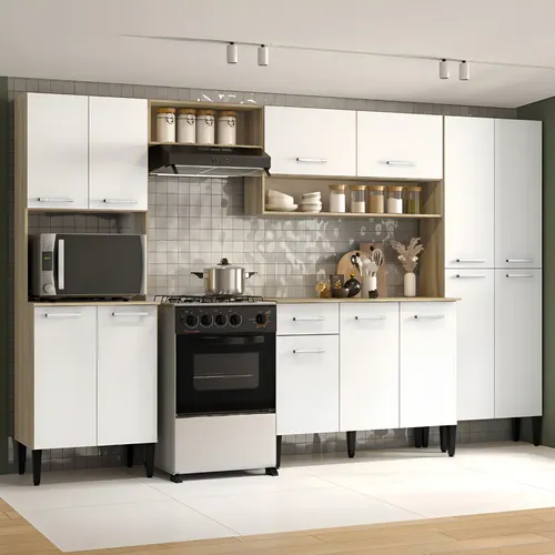 Cozinha Completa Arizona Plus Com Armário E Balcão Carraro Cor Carvalho/Branco