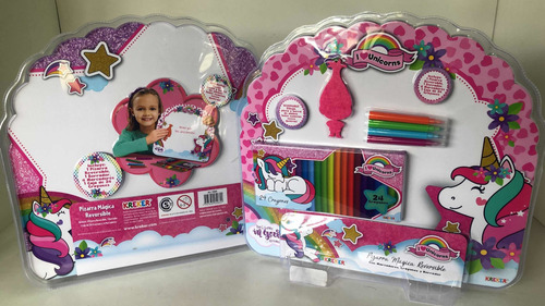 Imagen 3 de 5 de Pizarra Bifaz Kreker Unicorns , 24 Crayones + 4 Fibras + Bor
