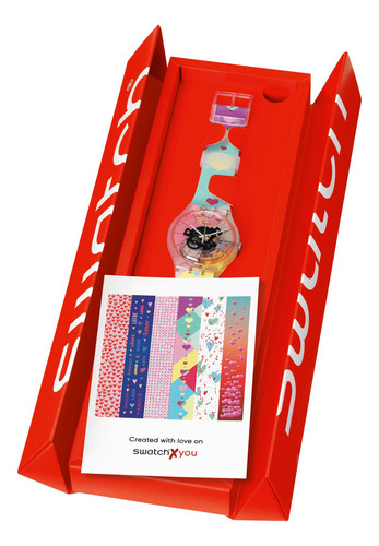 Reloj Swatch Flying Hearts By Swatch Suok144-010 Correa Multicolor Bisel Transparente Fondo Transparente