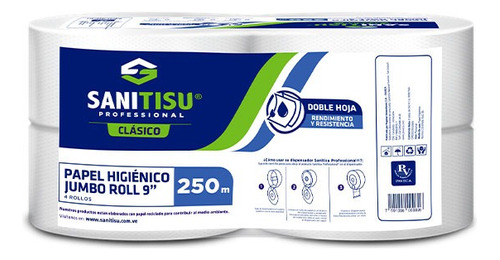 Papel Higiénico Jumbo 9  Institucional 2h Sanitisu  4 Rollos