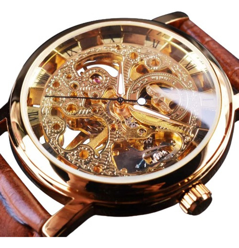 Reloj Dandy Clásico Mecánico Transparente Dorado Cuero!!!