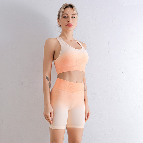 Conjunto Deportivo Crop Top Y Licra Corta Shorts Compresión Naranja Claro Bicolor Degradado S/m