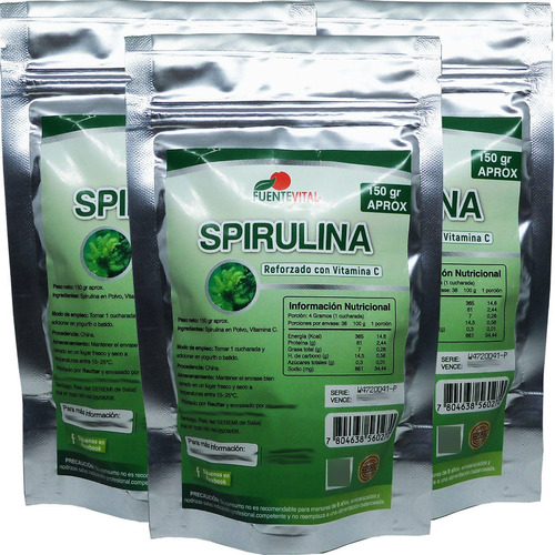 3 X Spirulina Pura En Polvo 100% Organico Con Vit C 150 Gr  