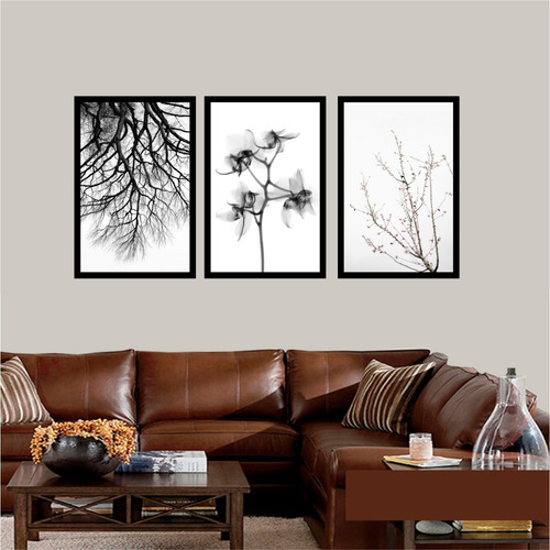 Quadro Decorativo Árvore Flores Preto E Branco Minimalista