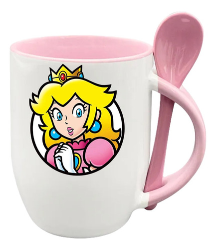 Taza Con Cuchara Peach Videojuegos Nintendo Mario Bross Rosa Peach