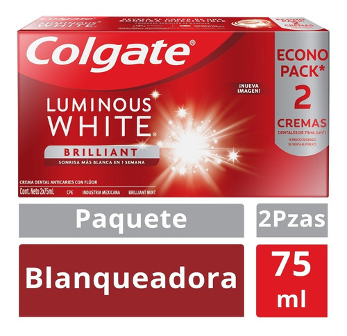 Pasta Dental Blanqueadora Colgate Luminous White 2x 75ml C/u