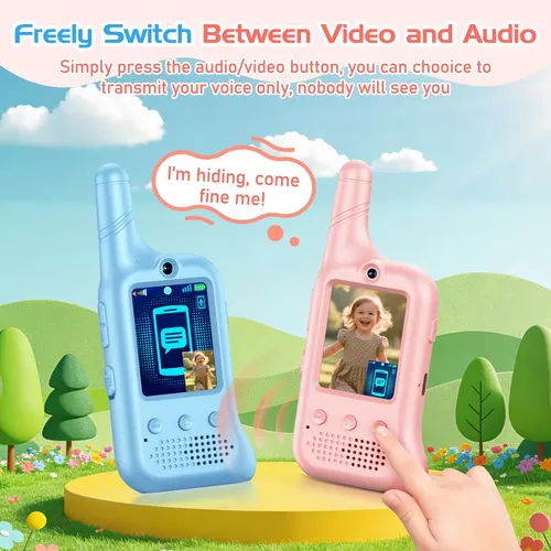 Walkie Talkies Con Videollamada Para Niños, Pack De 2 Recargables, Largo Alcance, 4 Efectos De Voz, Cámara 0.5MP, Pantalla De 2", Para 3 A 12 Años
