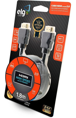 Cabo Hdmi 2.0 High Speed Ethernet 3d 1,8 Metros Hs1018 ELG