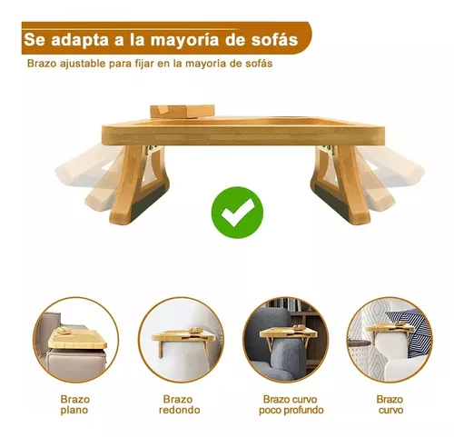 Bandeja de brazo de bambú para sofá con clip de mesa para brazo de sofás,  bandeja plegable multifunción con soporte giratorio para teléfono de 360°