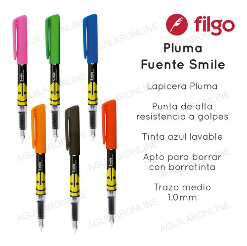 3 Pluma Fuente Filgo Smile Lapicera Cartuchos Colores Color De La Tinta Azul
