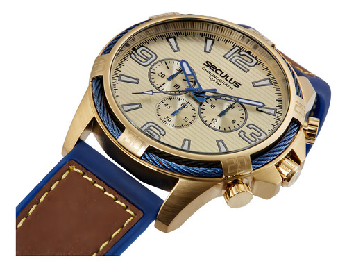 Relogio Seculus Masculino Dourado Couro Azul Cronografo Top