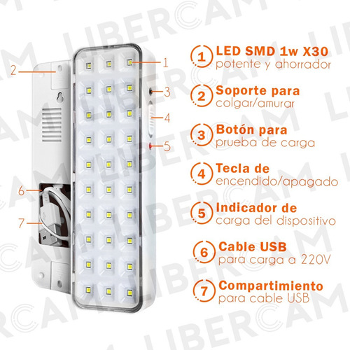 Imagen 6 de 10 de Pack X 4 Luces Luz De Emergencia 30 Led Recargable Usb